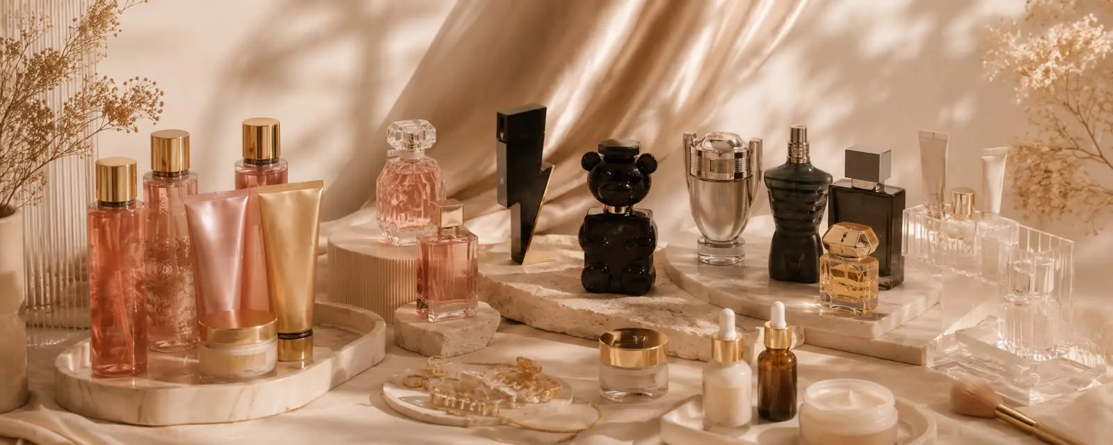 Selección de perfumes y productos de belleza en una ambientación dorada